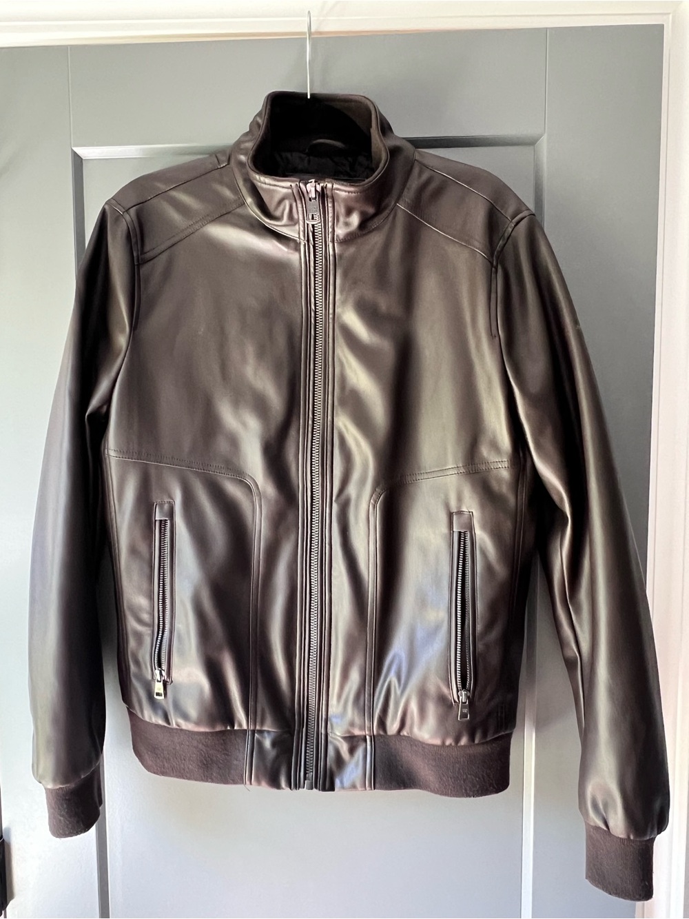 Calvin Klein Men's Brown Vegan Leather Bomber Jacket - Classic Zip Front